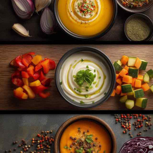 Creamy Soup Trio with Vegetables and Garnishes